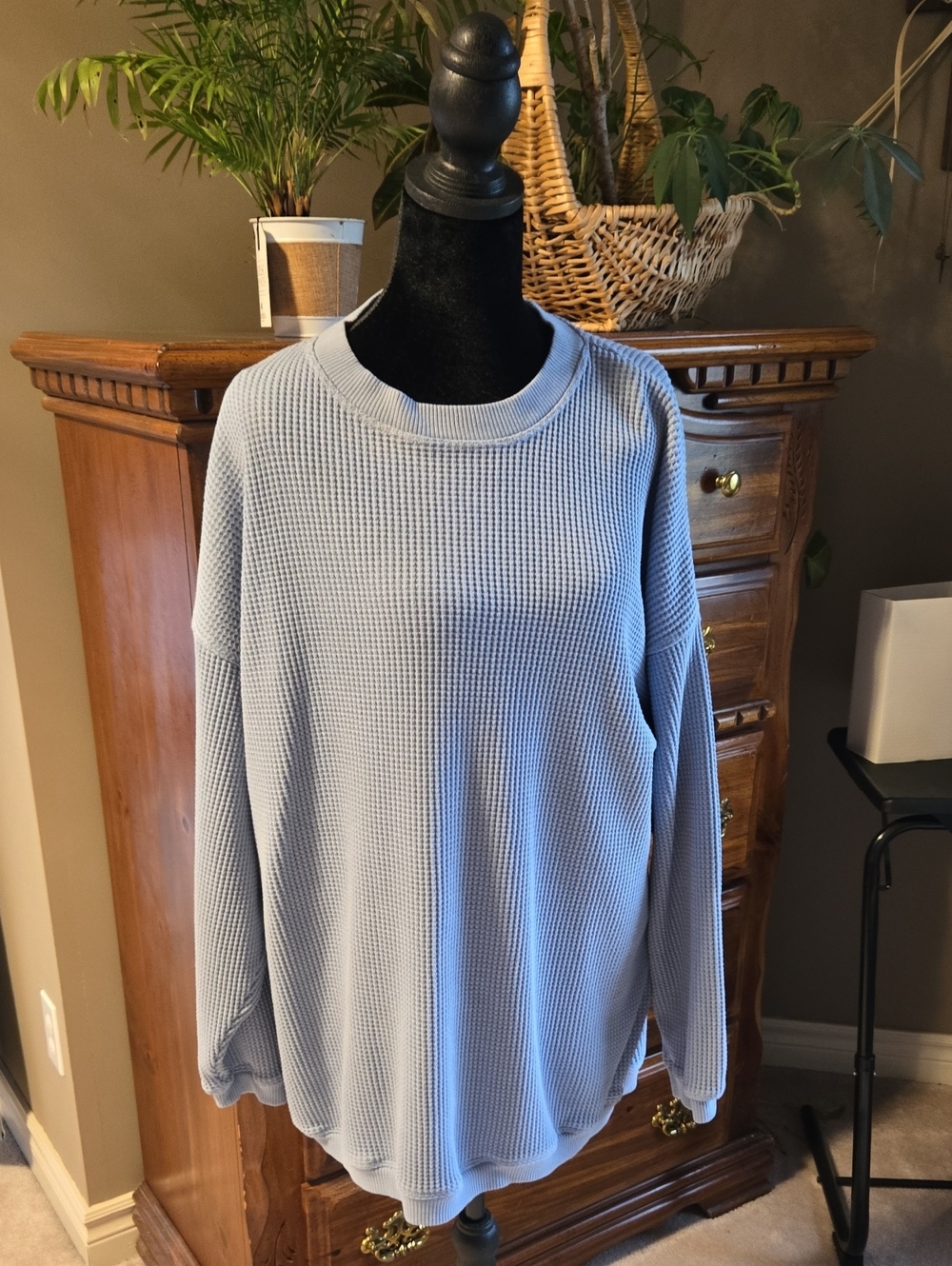 AERIE Oversized Women's Waffle Crew Neck Sweatshirt Blue Medium